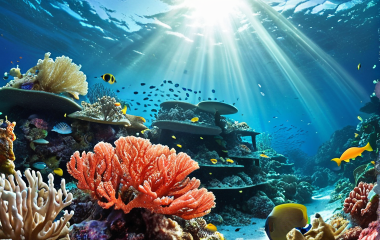 **
A vibrant underwater scene showcasing the beauty of a coral reef teeming with colorful fish and marine life. The sunlight filters through the water, illuminating the diverse ecosystem. Focus on the delicate balance of nature and the importance of protecting these fragile environments. Consider adding subtle hints of plastic pollution to highlight the threat.
**