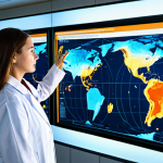 A professional oceanographer, fully clothed in a modest lab coat, stands in a high-tech research facility. She is looking at multiple large, transparent screens displaying intricate real-time oceanographic data, including temperature maps, current flows, and satellite imagery. A sleek, modern autonomous underwater vehicle (AUV) model is visible in the foreground. The facility is clean, brightly lit, with advanced equipment and a large window overlooking a calm sea at sunset. professional photography, high detail, perfect anatomy, correct proportions, natural pose, well-formed hands, proper finger count, natural body proportions, safe for work, appropriate content, fully clothed, professional dress, modest clothing, family-friendly.