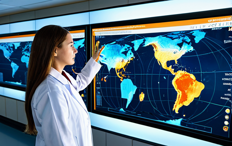 A professional oceanographer, fully clothed in a modest lab coat, stands in a high-tech research facility. She is looking at multiple large, transparent screens displaying intricate real-time oceanographic data, including temperature maps, current flows, and satellite imagery. A sleek, modern autonomous underwater vehicle (AUV) model is visible in the foreground. The facility is clean, brightly lit, with advanced equipment and a large window overlooking a calm sea at sunset. professional photography, high detail, perfect anatomy, correct proportions, natural pose, well-formed hands, proper finger count, natural body proportions, safe for work, appropriate content, fully clothed, professional dress, modest clothing, family-friendly.