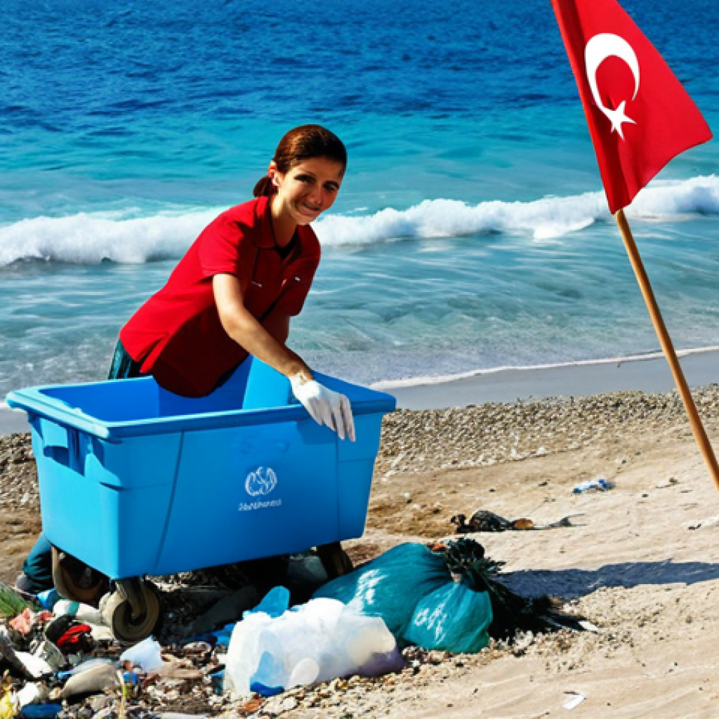Coastal Cleanup**

"Volunteers, fully clothed in appropriate attire, cleaning up plastic waste on a beautiful Turkish beach with clear turquoise water, safe for work, family-friendly, professional photograph, perfect anatomy, correct proportions, well-formed hands, natural pose, high quality, blue skies, Turkish flag visible in the background."

**