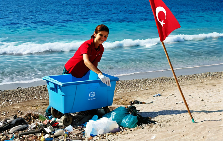 Coastal Cleanup**
"Volunteers, fully clothed in appropriate attire, cleaning up plastic waste on a beautiful Turkish beach with clear turquoise water, safe for work, family-friendly, professional photograph, perfect anatomy, correct proportions, well-formed hands, natural pose, high quality, blue skies, Turkish flag visible in the background."
**